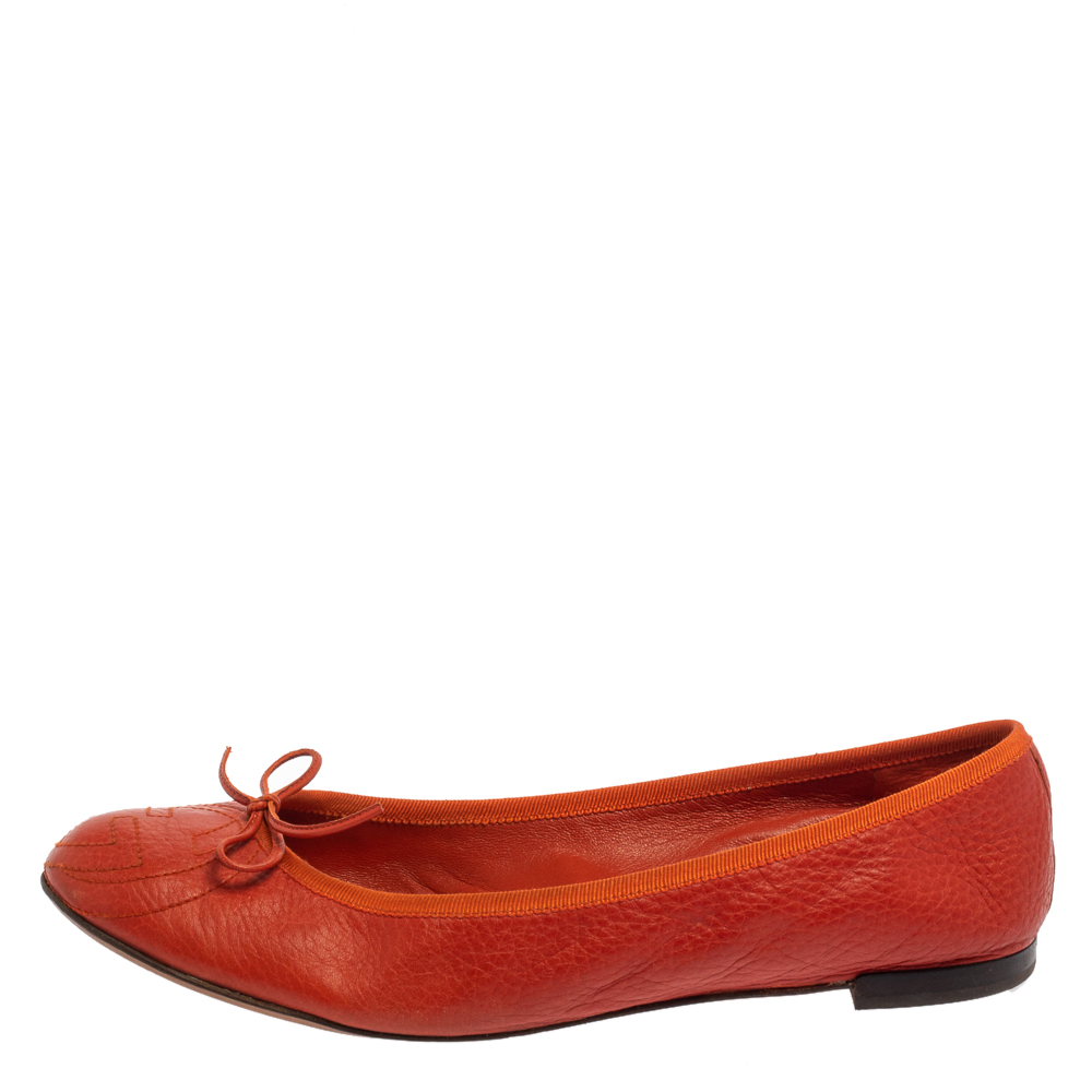 

Gucci Orange Leather GG Interlocking Bow Ballet Flats Size