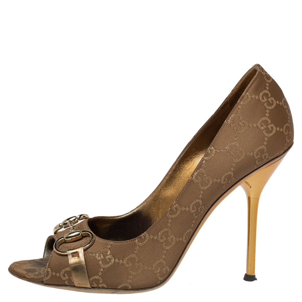 

Gucci Brown GG Canvas Horsebit Open Toe Pumps Size