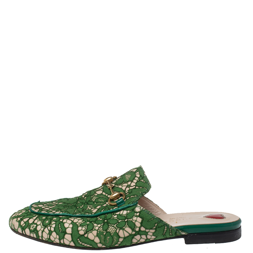 

Gucci Green Lace Princetown Horsebit Mule Sandals Size