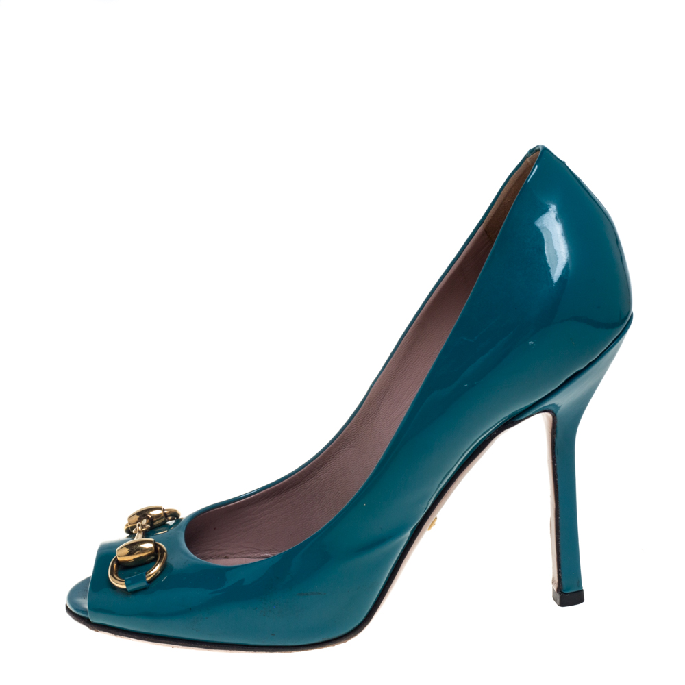 

Gucci Blue Patent Leather Jolene Horsebit Peep Toe Pumps Size