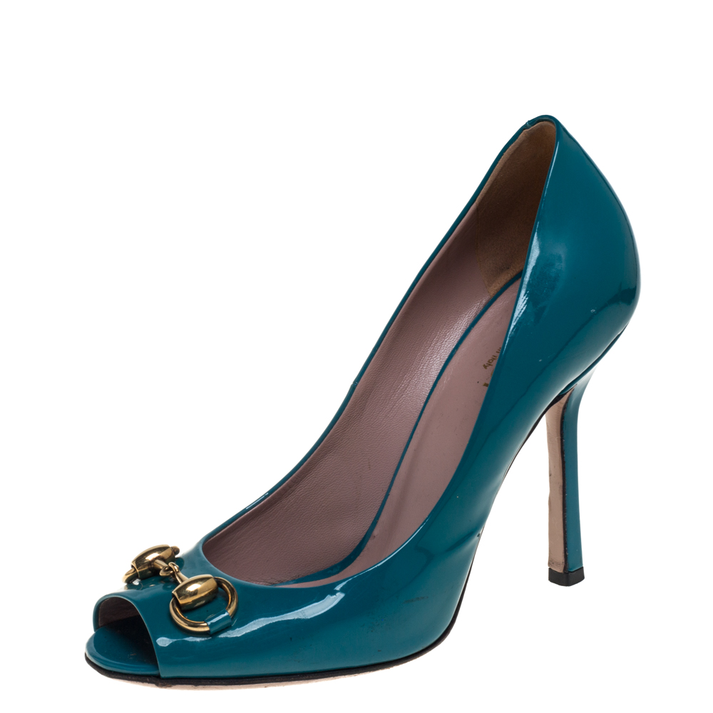 Pre-owned Gucci Blue Patent Leather Jolene Horsebit Peep Toe Pumps Size 36
