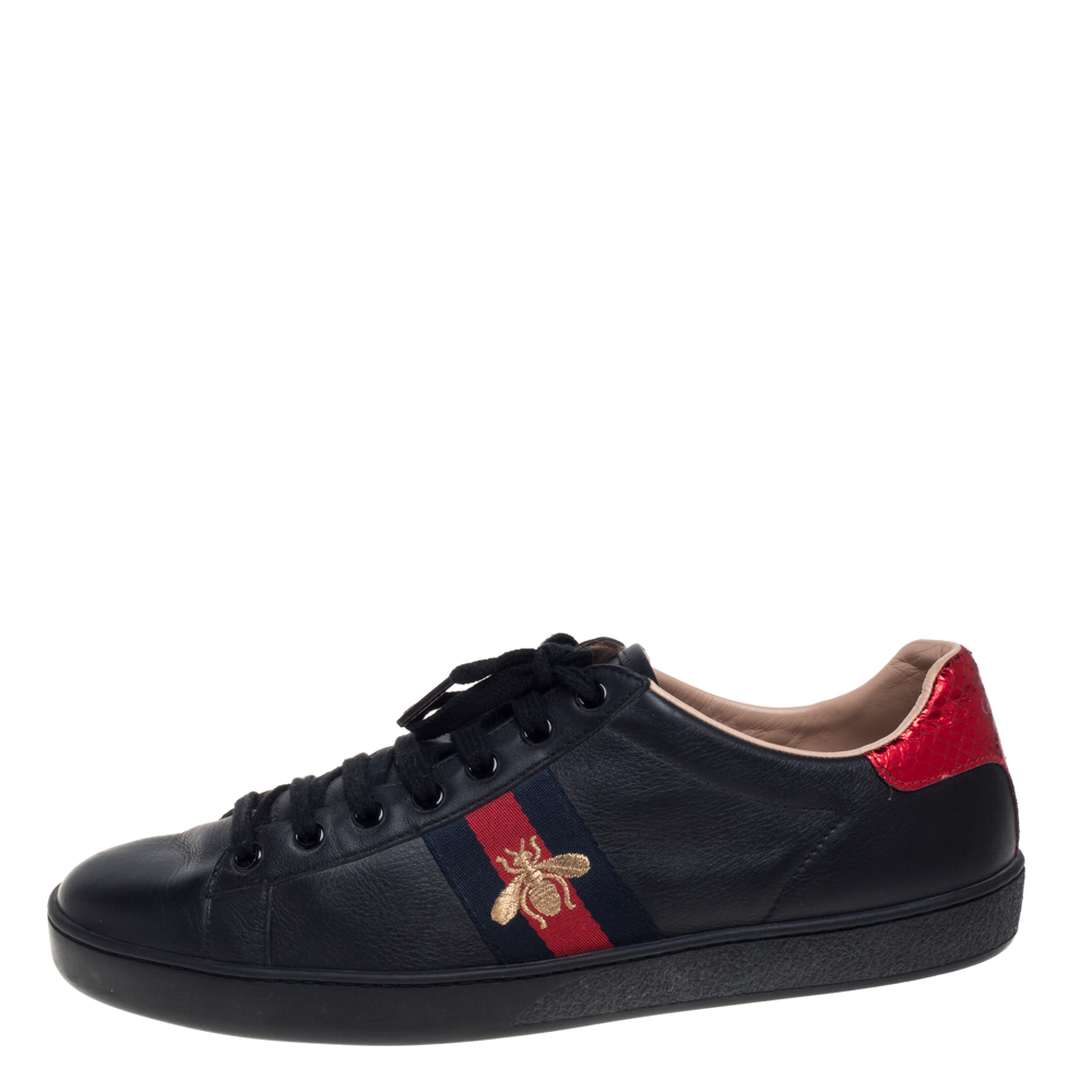 

Gucci Black Leather Ace Web Low Top Sneaker Size