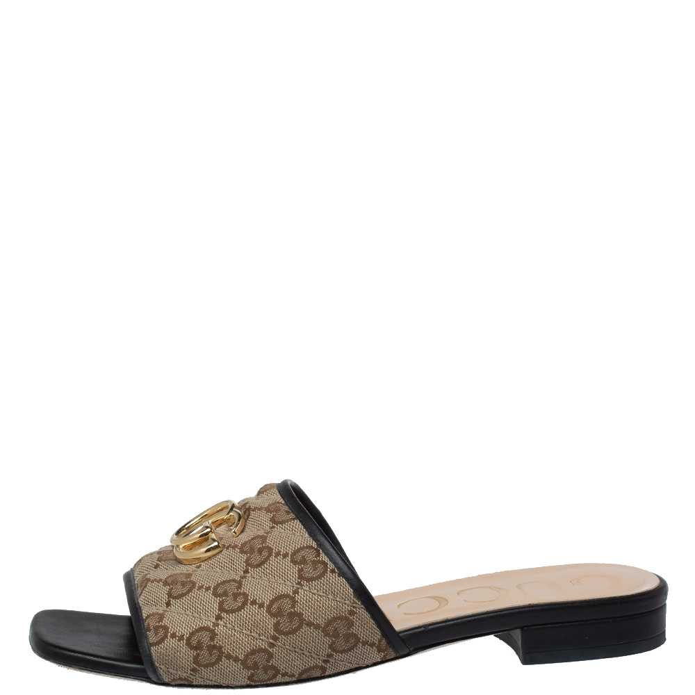 

Gucci Beige/Black GG Canvas And Leather Slide Sandals Size
