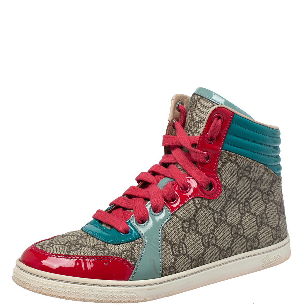 Pre-owned Gucci Multicolor Gg Canvas And Patent Leather High Ankle Sneakers Size 36