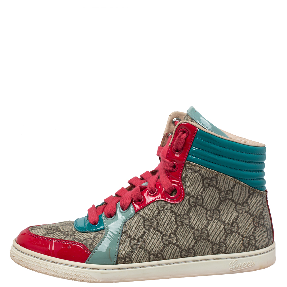 

Gucci Multicolor GG Canvas And Patent Leather High Ankle Sneakers Size