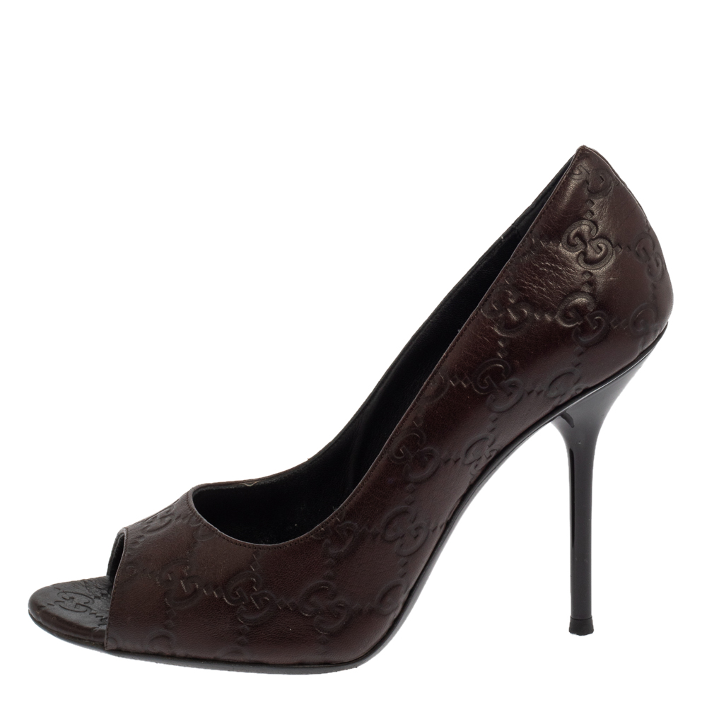 

Gucci Brown Guccissima Leather Peep Toe Pumps Size