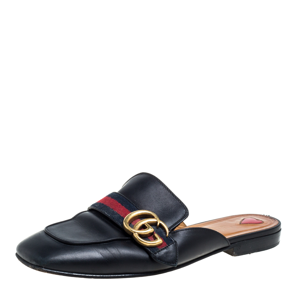 Pre-owned Gucci Black Leather And Canvas Gg Web Princetown Slide Mules Size 37