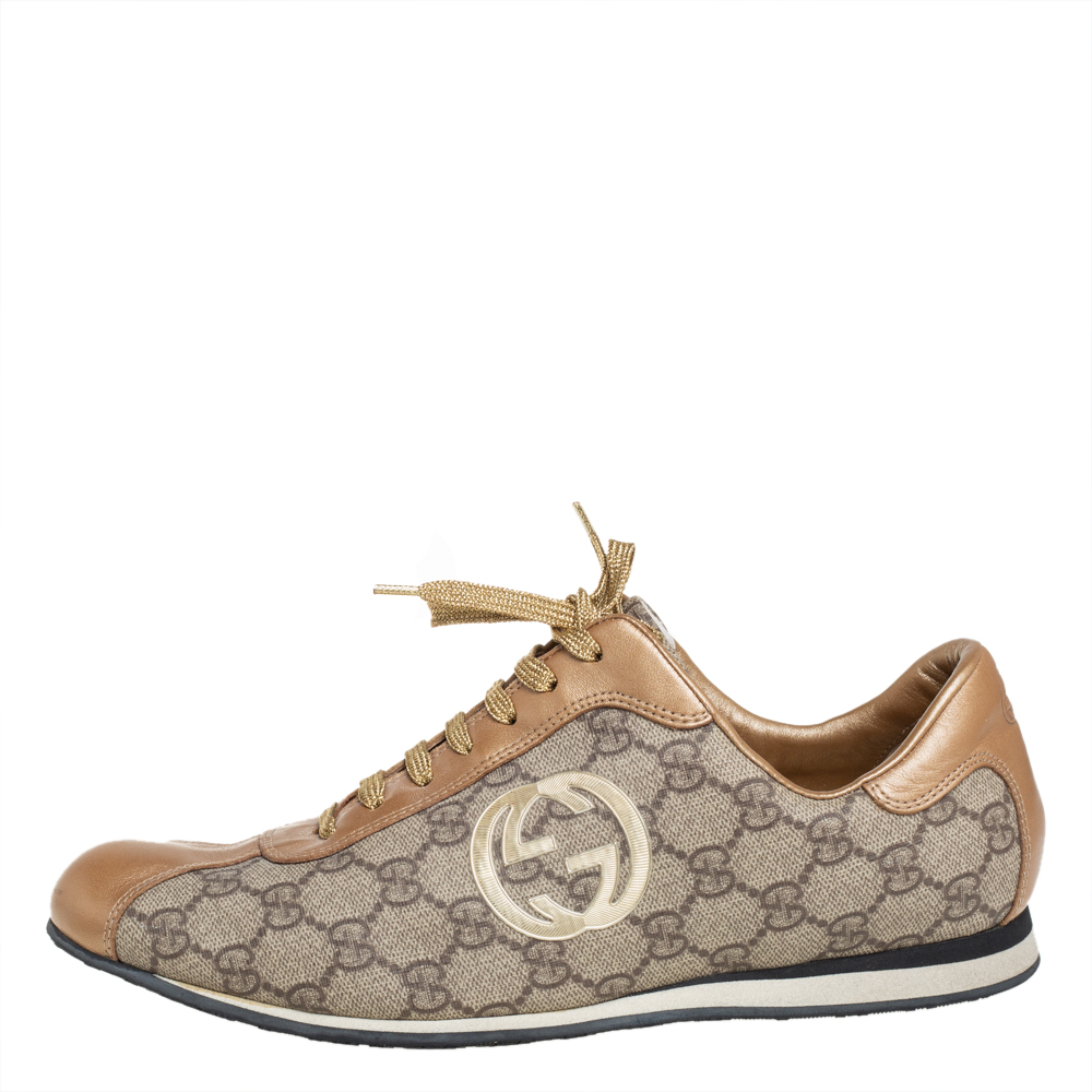 

Gucci Gold/Beige GG Canvas And Leather Low Top Sneakers Size