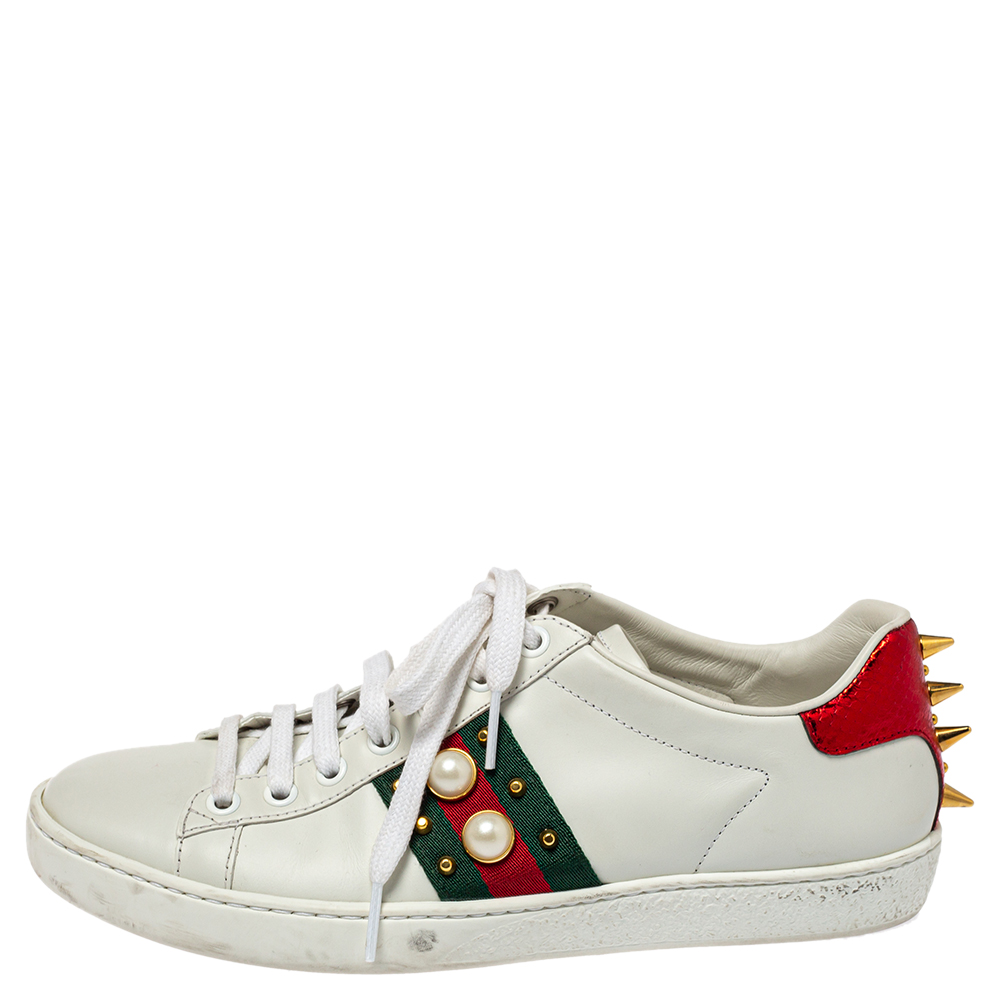 

Gucci White Leather Pearl Embellished Studded Ace Sneakers Size