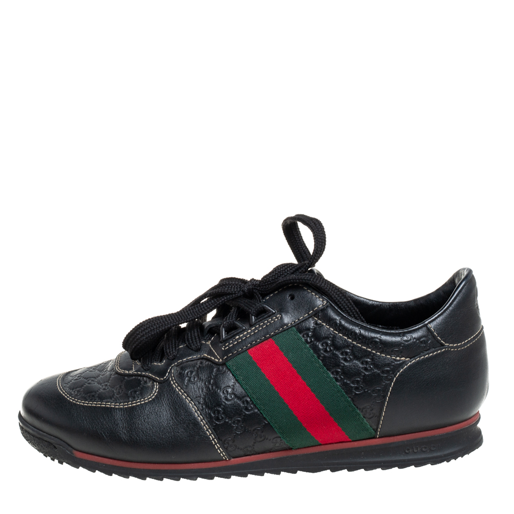 

Gucci Black Guccissima Leather Web Detail Low Top Sneakers Size
