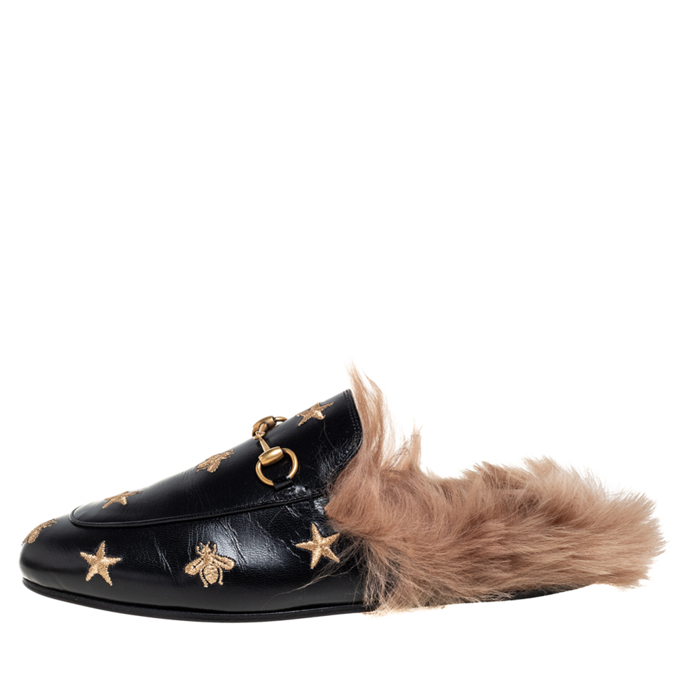 

Gucci Black Leather And Fur Lined Bee And Star Embroidered Horsebit Princetown Flat Mules Size