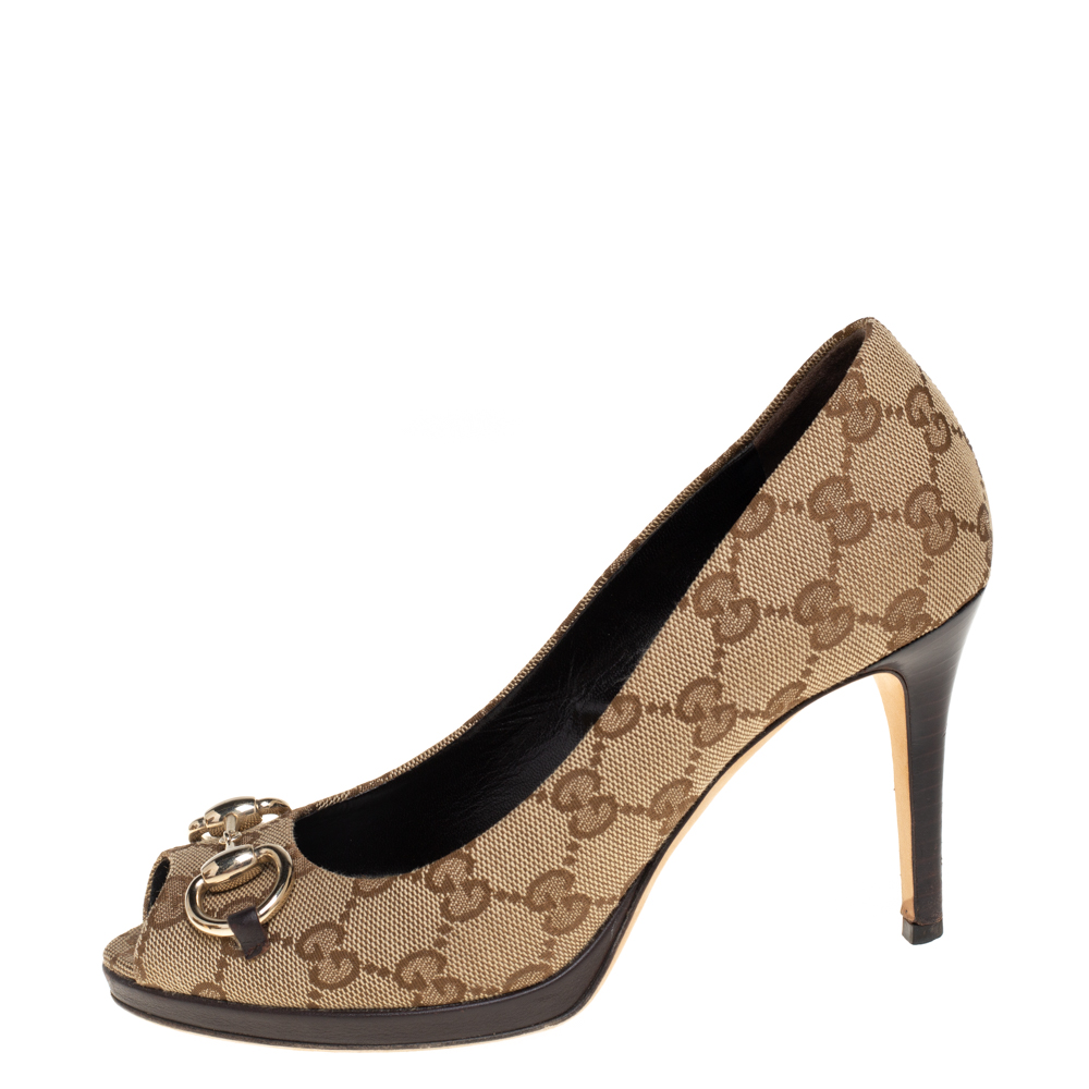 

Gucci Beige GG Canvas New Hollywood Horsebit Peep Toe Pumps Size