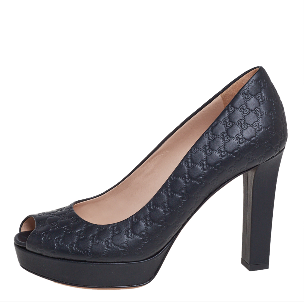 

Gucci Black Microguccissima Leather Peep Toe Platform Pumps Size