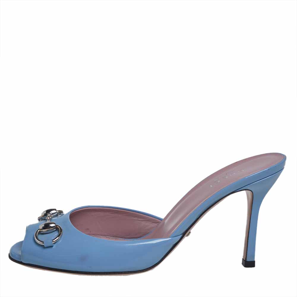 

Gucci Blue Patent Leather Horsebit Peep Toe Slide Sandals Size