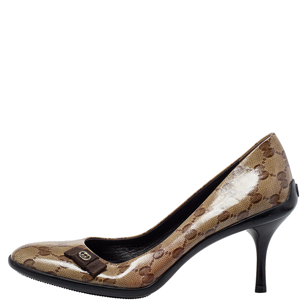 

Gucci Brown/Beige GG Crystal Canvas Bow Round Toe Pumps Size