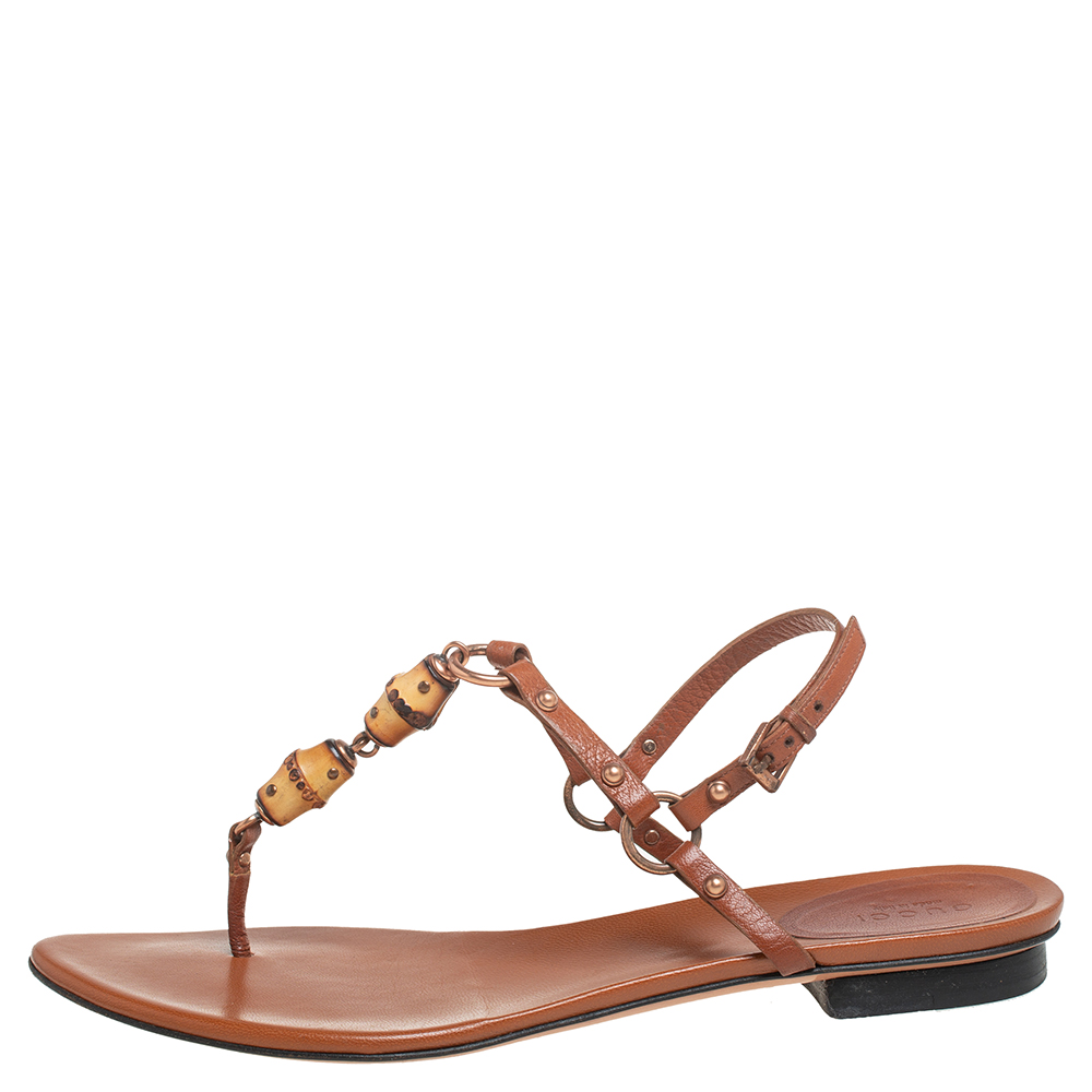 

Gucci Brown Leather Bamboo Embellished Flat Thong Sandals Size