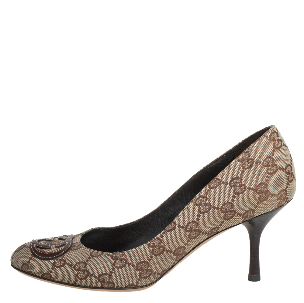 

Gucci Beige GG Canvas And Leather Logo Pumps Size