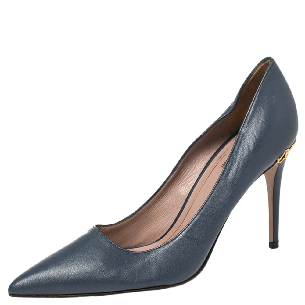 Pre-owned Gucci Blue Leather Adina Horsebit Pointed Toe Pumps Size 36
