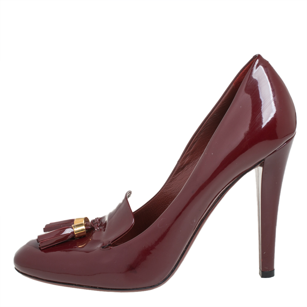 

Gucci Burgundy Patent Leather Mischa Tassel Detail Pumps Size