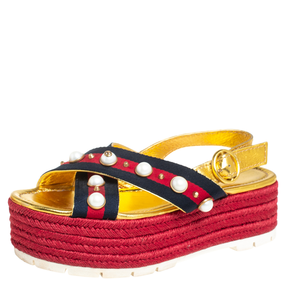 Pre-owned Gucci Multicolor Leather And Canvas Web Line And Pear Studded Wedge Sandals Size 38