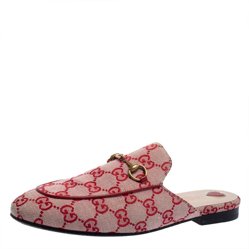 Pre-owned Gucci White/red Gg Canvas Princetown Flat Mules Size 39.5