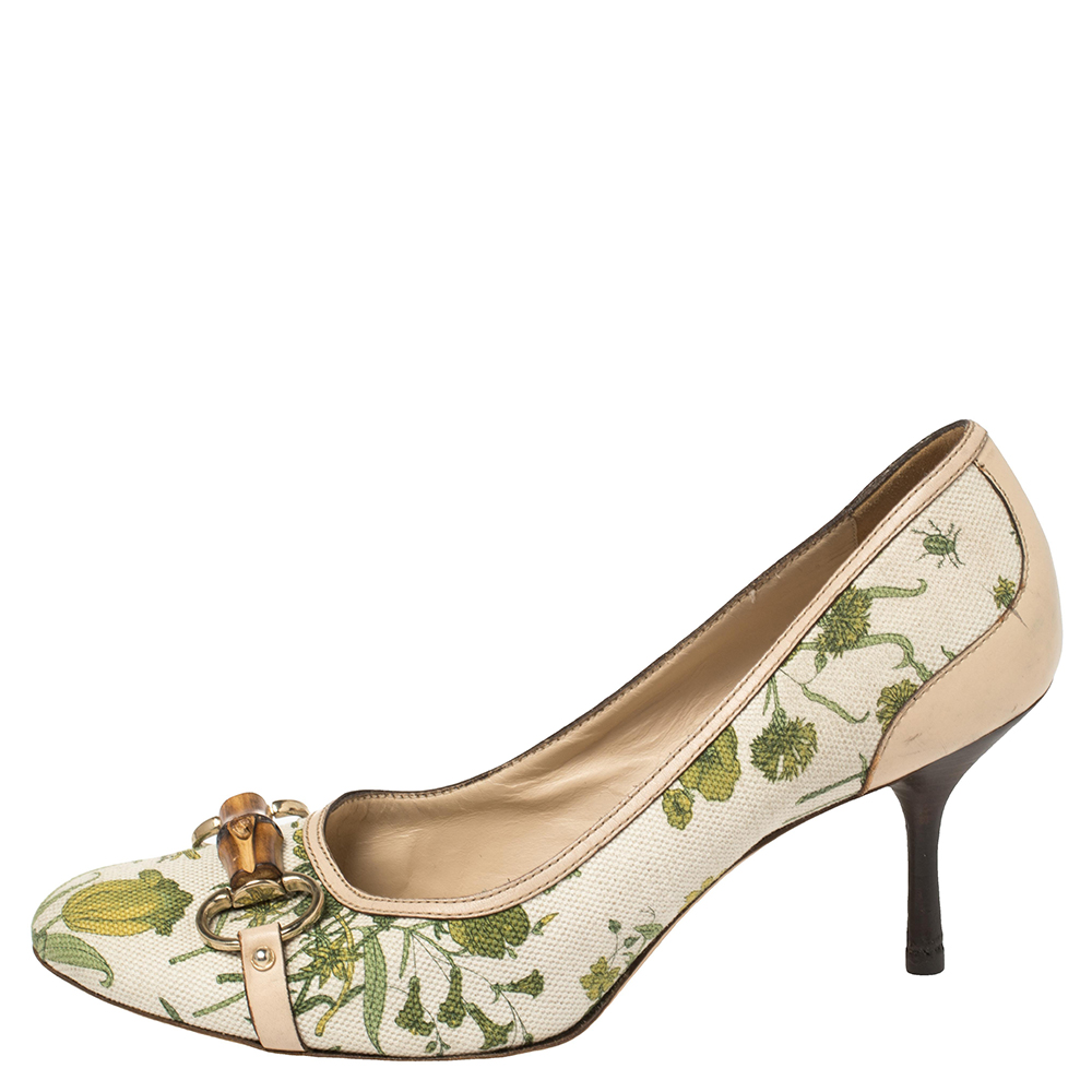 

Gucci White Canvas And Leather Floral Print Bamboo Horsebit Pumps Size