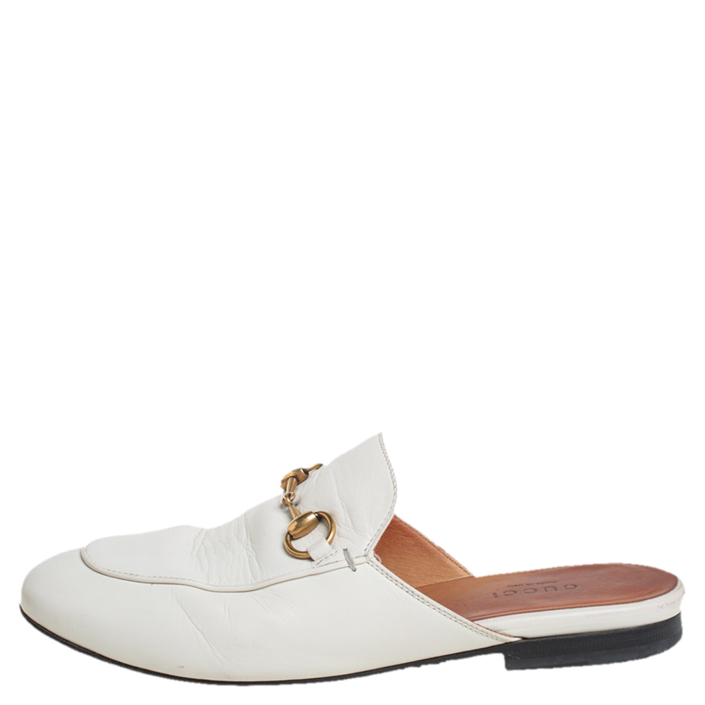 

Gucci White Leather Princetown Horsebit Flat Mules Size