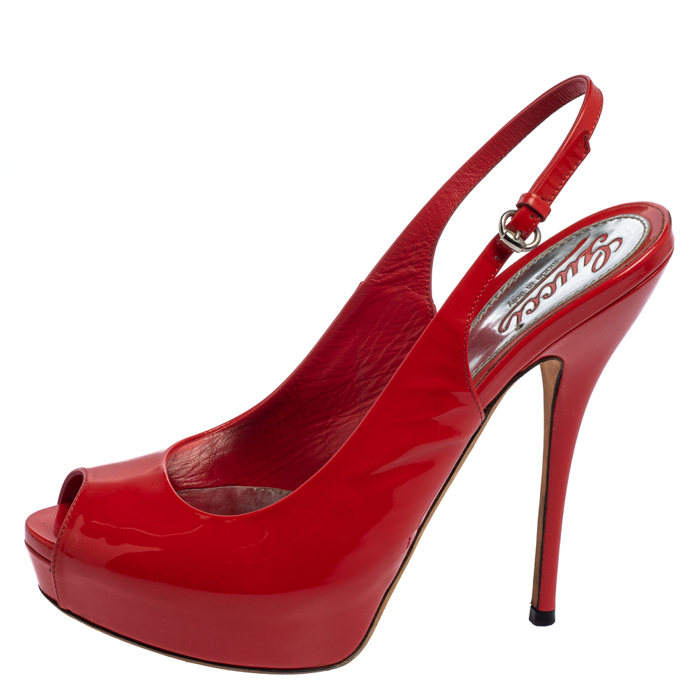 

Gucci Red Patent Leather Sofia Platform Peep Toe Slingback Sandals Size