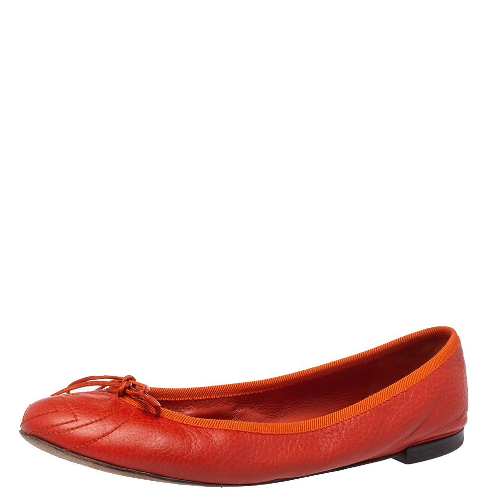 Pre-owned Gucci Orange Leather Gg Interlocking Ballet Flats Size 37