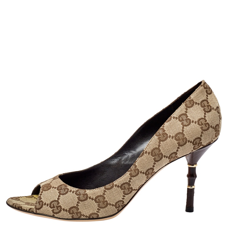

Gucci Brown/Beige GG Canvas Bamboo Heel Open Toe Pumps Size