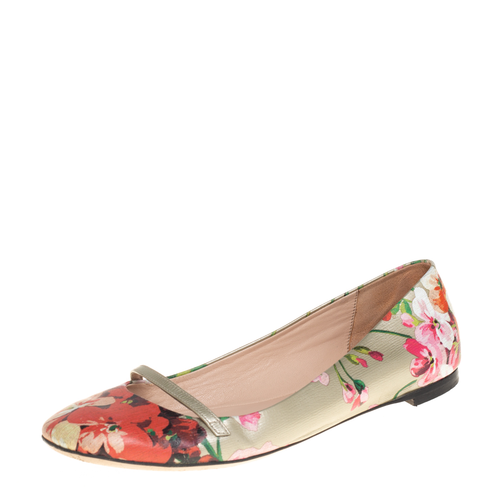 Pre-owned Gucci Multicolor Floral Printed Leather Blooms Ballet Flats Size 36