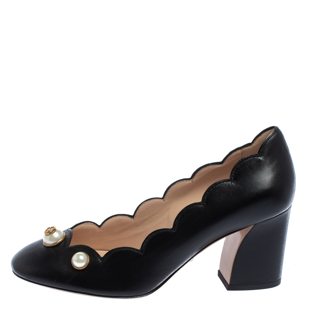 

Gucci Black Leather Pearl Embellished Block Heel Pumps Size, Gold