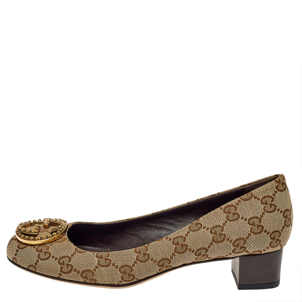 

Gucci Beige GG Canvas Interlocking GG Block Heel Pumps Size