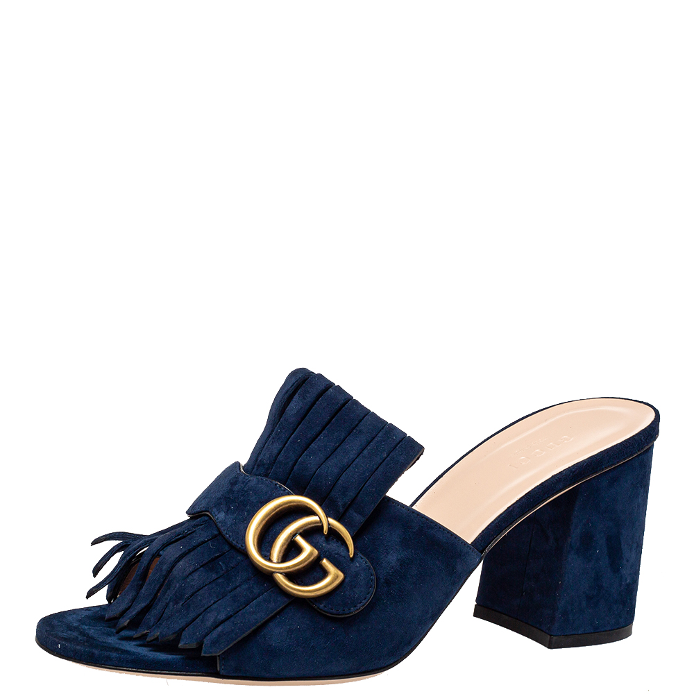 Pre-owned Gucci Navy Blue Suede Gg Marmont Fringe Slide Sandals Size 40.5