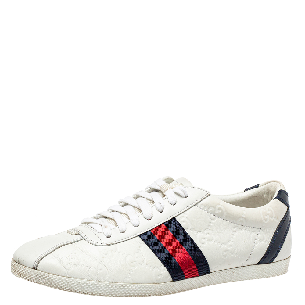 Pre-owned Gucci Ssima Leather Lace Up Sneakers Size 37.5 In White