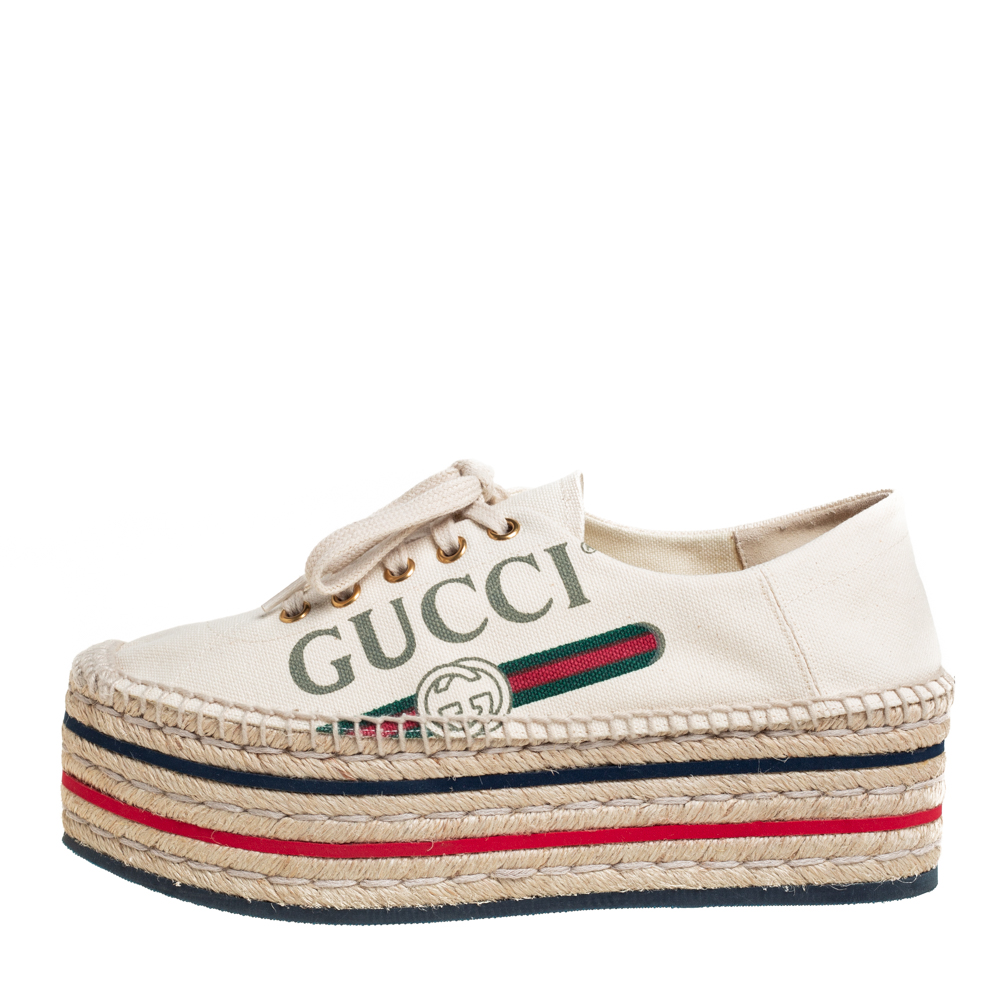 

Gucci Cream Canvas Logo Platform Espadrilles Size