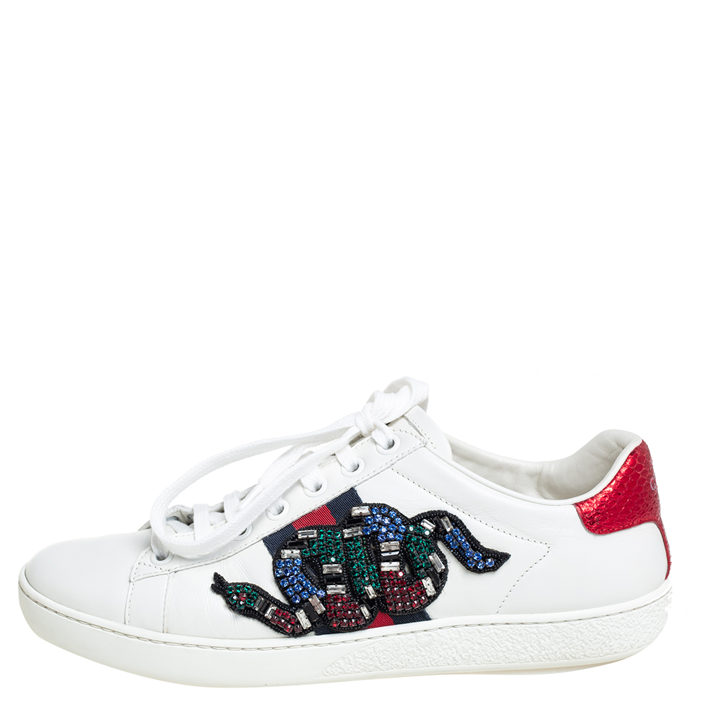 

Gucci White Leather Crystal Embellished Snake Python Trim Web Detail Ace Low Top Sneakers Size