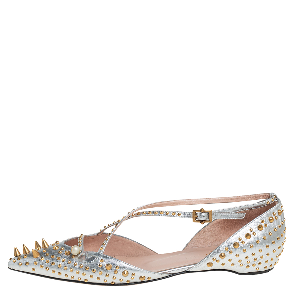 

Gucci Silver Leather Unia Spiked Ankle Strap Ballet Flats Size