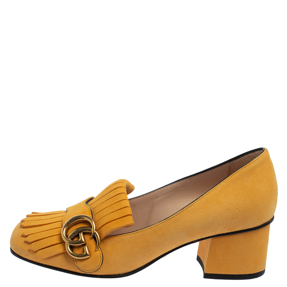 

Gucci Yellow Suede GG Marmont Fringe Block Heel Pumps Size
