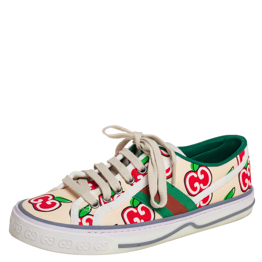 Pre-owned Gucci Beige Apple Print Canvas Tennis 1977 Low Top Sneakers Size 37.5