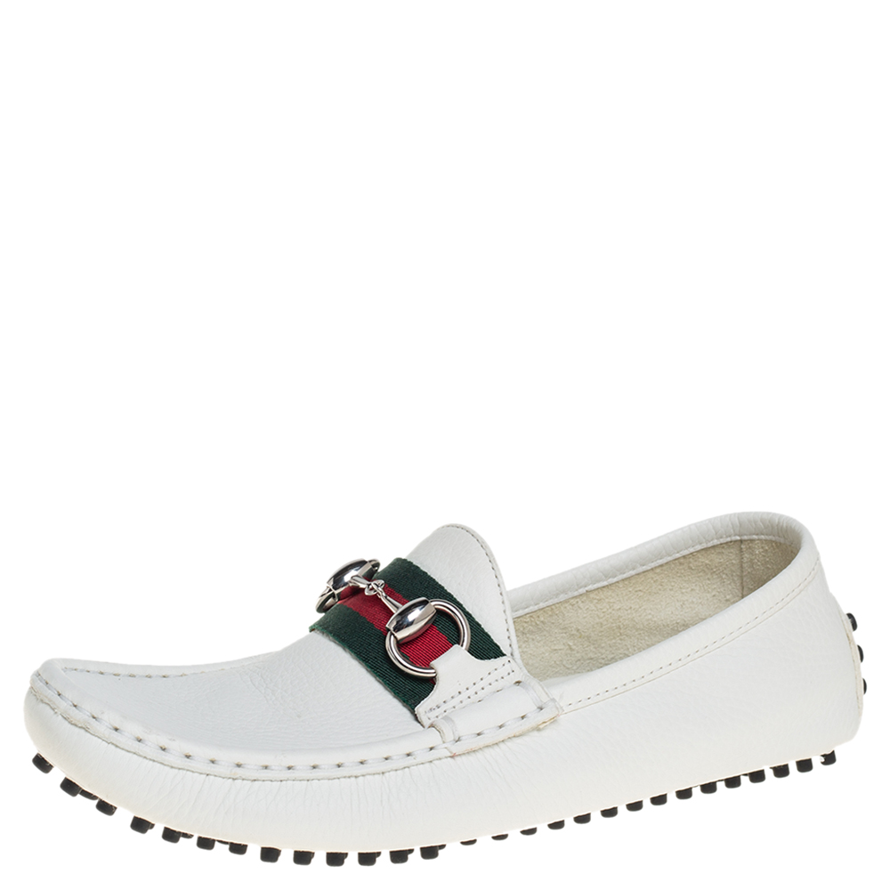 Pre-owned Gucci White Leather Horsebit Web Slip On Loafers Size 37
