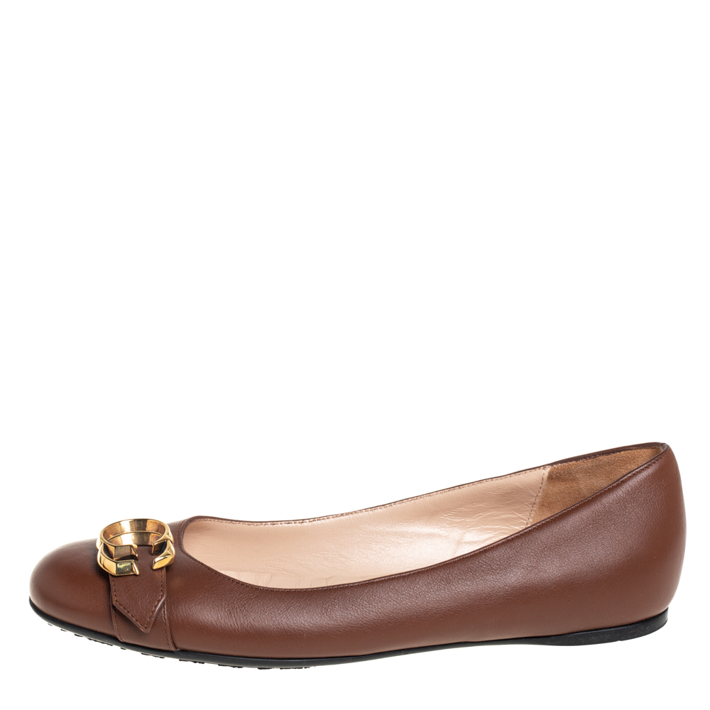 

Gucci Brown Leather GG Buckle Ballet Flats Size