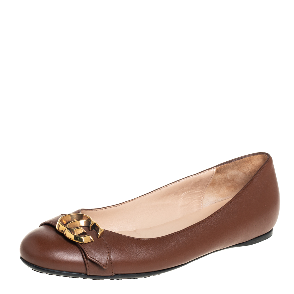 Pre-owned Gucci Brown Leather Gg Buckle Ballet Flats Size 37