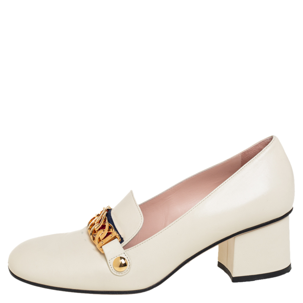 

Gucci Cream Leather Sylvie Chain Embellished Pumps Size