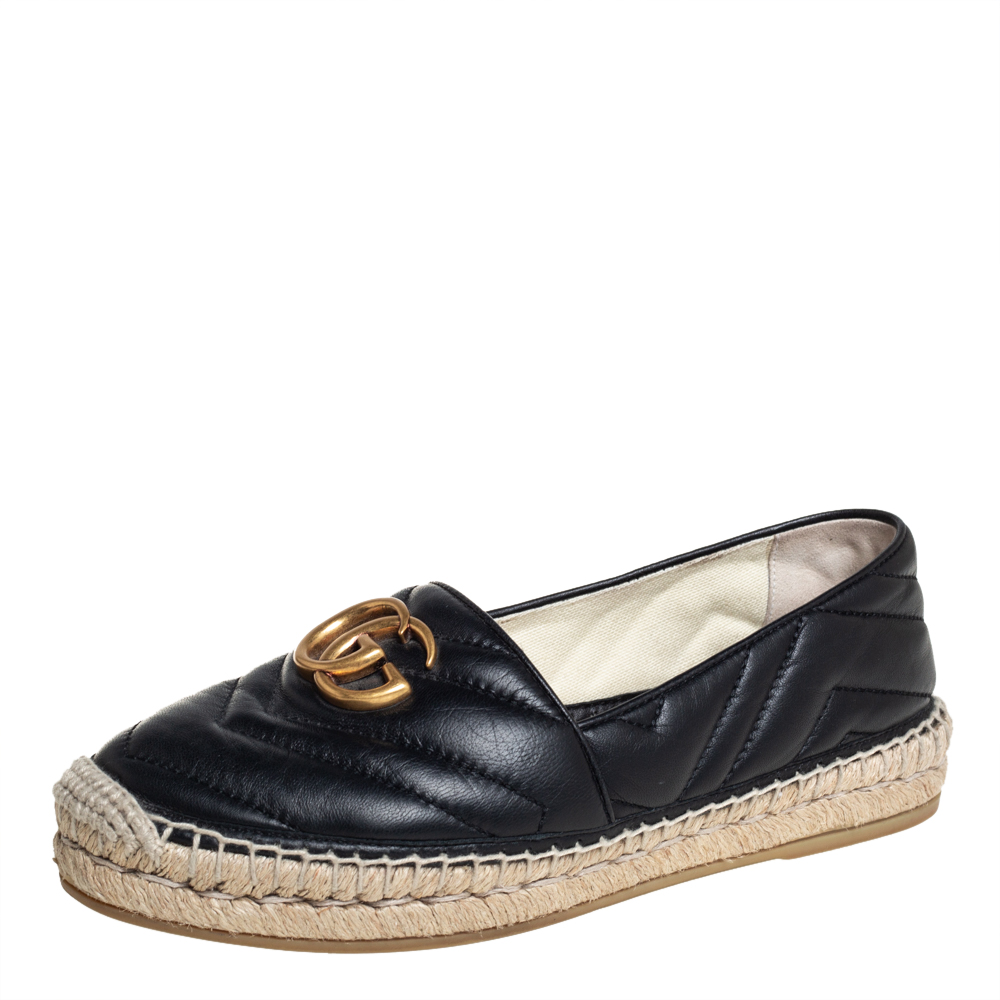 Pre-owned Gucci Black Leather Gg Marmont Espadrilles Size 36.5