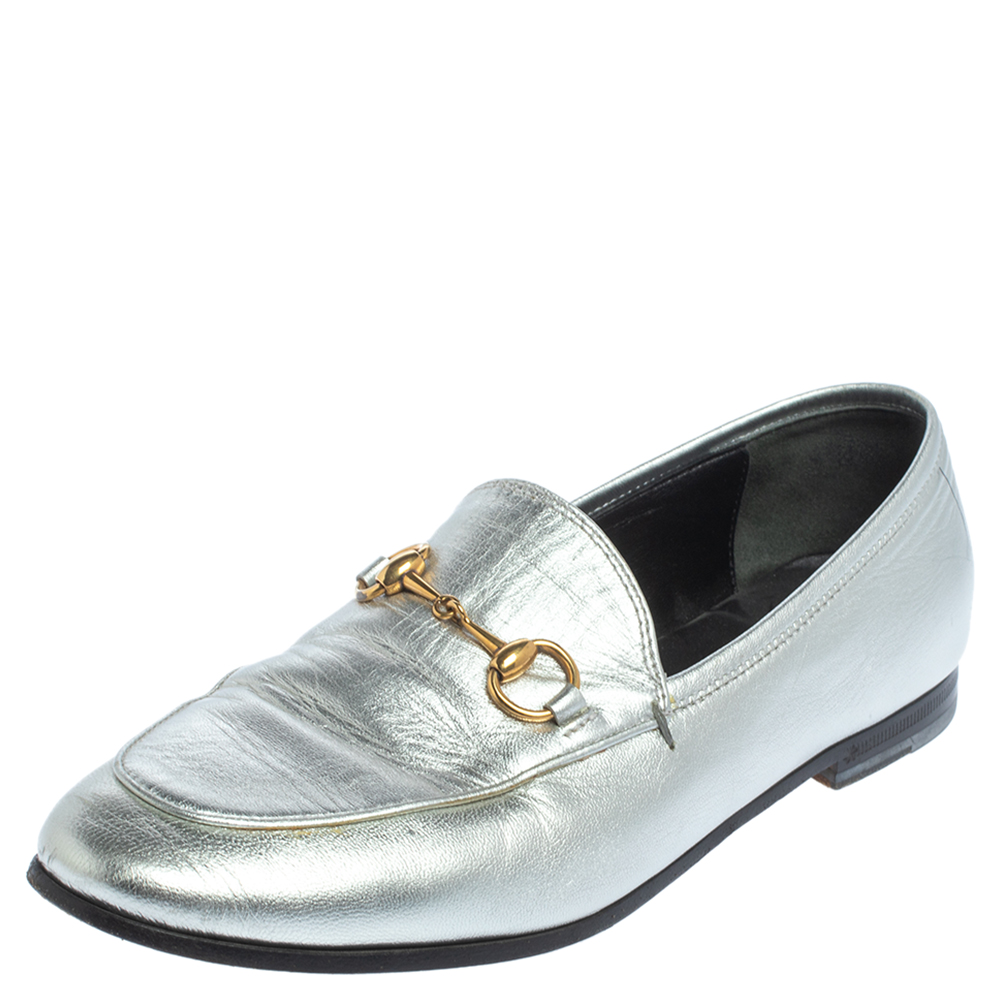 Pre-owned Gucci Silver Leather Jordaan Horsebit Slip On Loafers Size 37