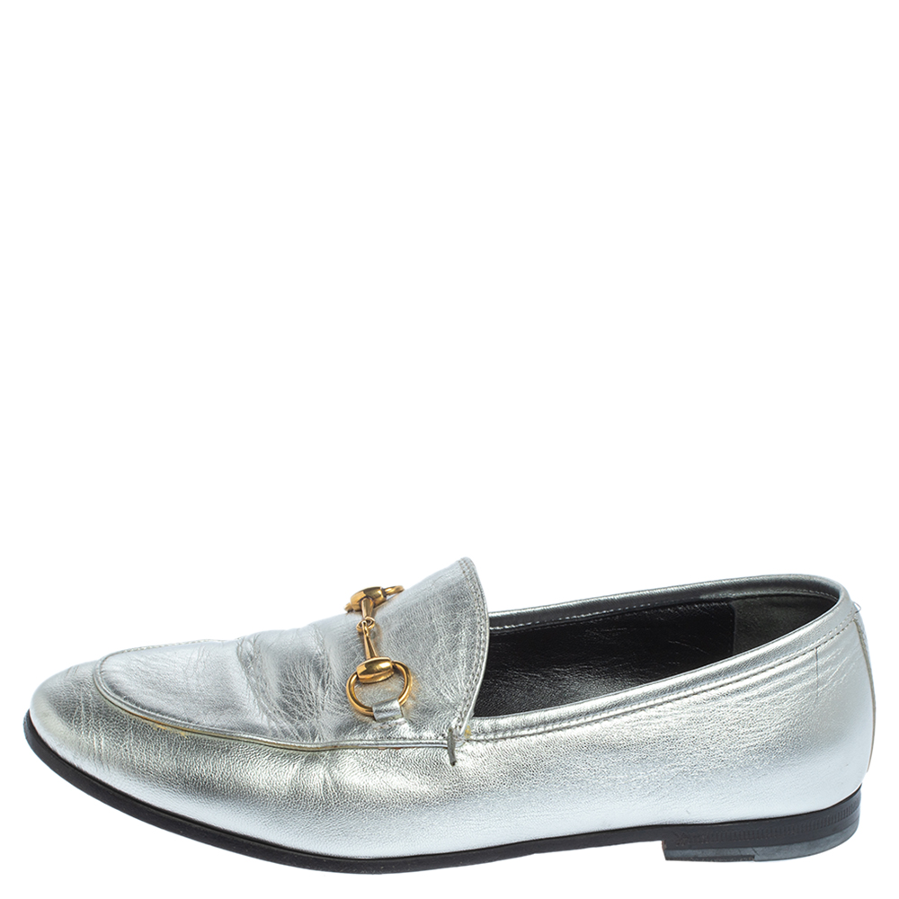 

Gucci Silver Leather Jordaan Horsebit Slip On Loafers Size