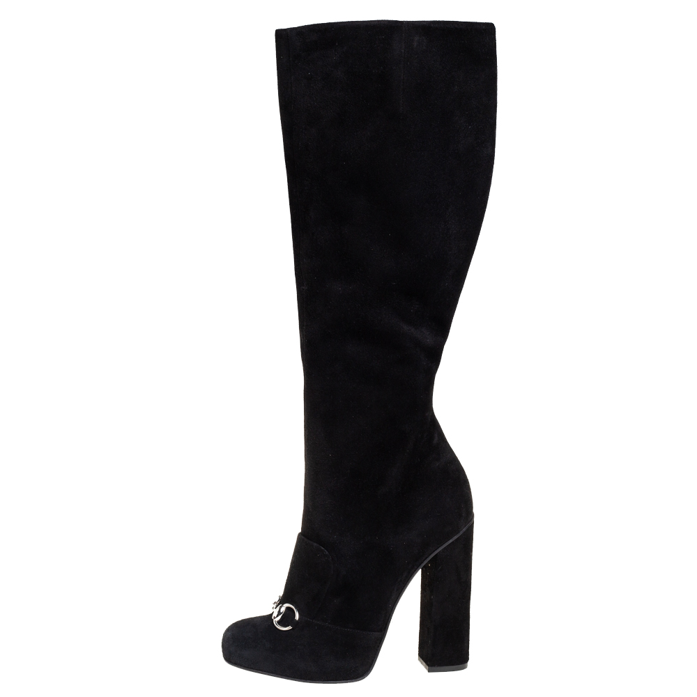 

Gucci Black Suede Horsebit Block Heel Boots Size