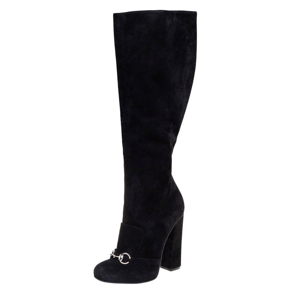 Pre-owned Gucci Black Suede Horsebit Block Heel Boots Size 38