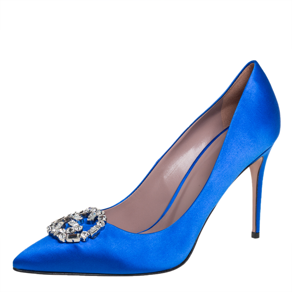 Pre-owned Gucci Blue Satin Gg Crystal Pointed Toe Pumps Size 39